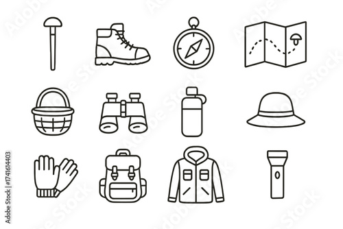 Forest Hiking Essentials. Outline icon set of forest hiking for mushrooms: walking stick, boots, compass, map,
