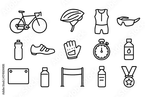 Triathlon Cycling Icons. Outline icon set of triathlon cycling stage: racing bike, helmet, tri-suit,