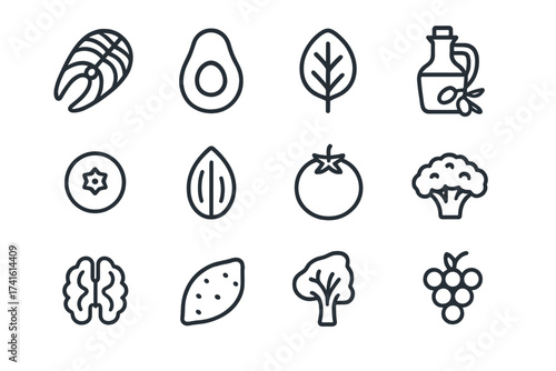 Heart-Healthy Food Icons. Outline icon set of heart-healthy foods: salmon fillet, avocado, spinach leaf, olive
