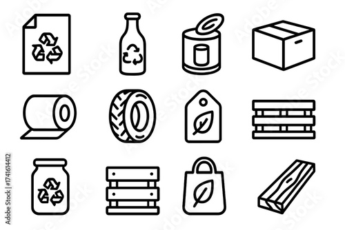 Recycling Icons Grid. Outline icon set of recycled materials trade: recycled paper, glass bottle, metal can,