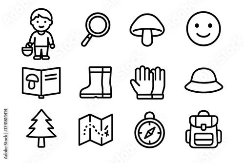 Children's Mushroom Foraging. Outline icon set of children learning mushroom foraging: child with basket,