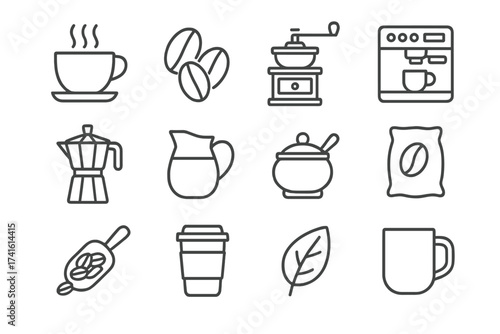 Sustainable Coffee Icon Set. Outline icon set of sustainable coffee trade: coffee cup, coffee beans, grinder,