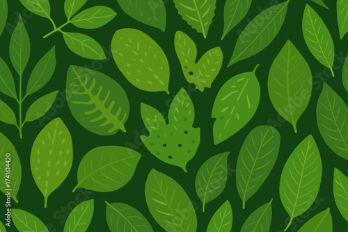 Various green leaves in different shapes and sizes create a vibrant natural pattern on a dark background