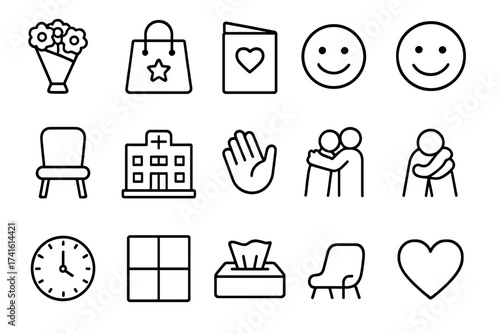 Patient Visit Icons. Outline icon set of visiting a patient: bouquet of flowers, gift bag, greeting card,