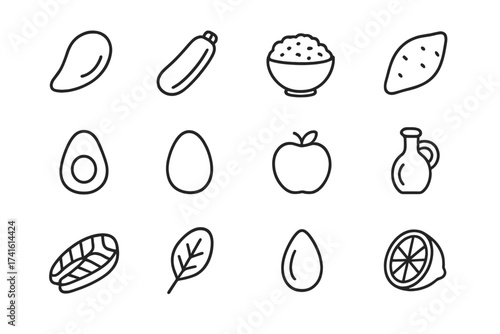 Whole30 Essentials Icons. Outline icon set of Whole30 essentials: chicken breast, zucchini, cauliflower rice,