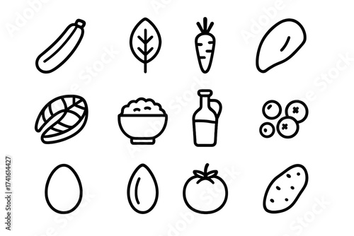 Low-FODMAP Icons Grid. Outline icon set of low-FODMAP diet: zucchini, spinach leaf, carrot, chicken breast,