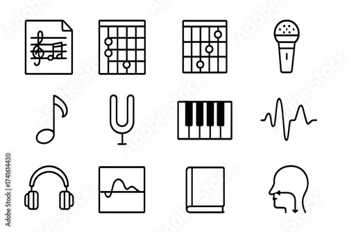 Music Theory Icons. Outline icon set of music theory for singers: sheet music, scale chart, chord diagram,