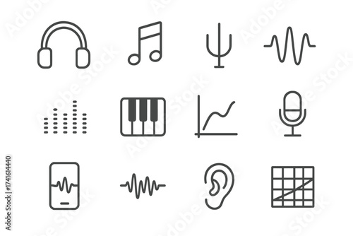 Ear Training Icons. Outline icon set of ear training: headphones, music note, pitch fork, waveform, audio