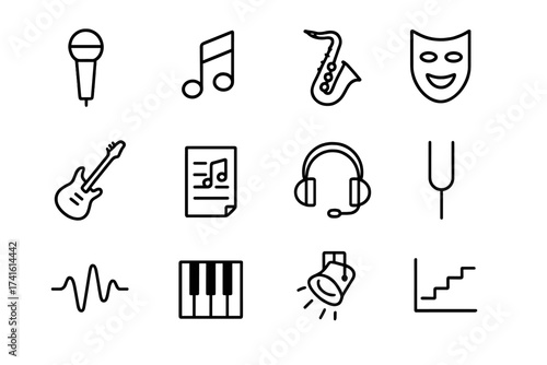 Music Genre Icons. Outline icon set of genre-specific singing styles: microphone, music note, jazz saxophone,