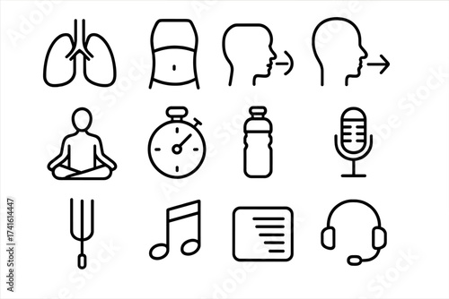Breath Control Icon Set. Outline icon set of breath control techniques: lungs icon, diaphragm diagram,