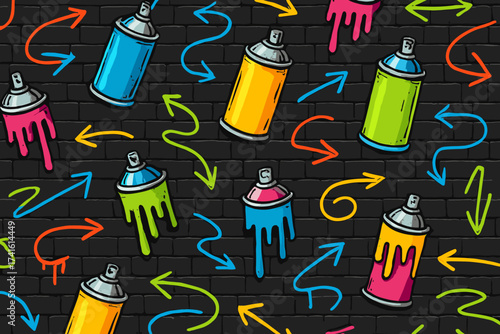 Colorful spray paint cans with vibrant drips and arrows, creating a lively urban art scene
