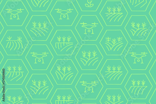 Modern agricultural technology patterns featuring drones and plant growth in a vibrant green and yellow design