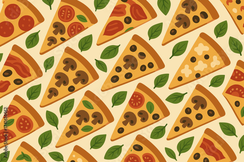 Colorful pizza slices arranged with fresh basil leaves on a light background, perfect for food lovers and culinary design