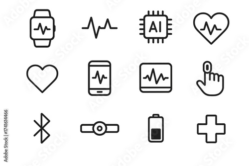 AI ECG Device Icons. Outline icon set of AI-powered ECG devices: smartwatch, ECG waveform, AI chip icon, heart