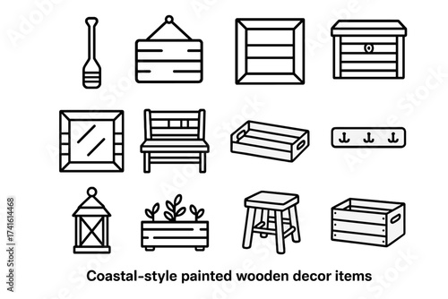 Coastal Decor Icons. Outline icon set of coastal-style painted wooden decor: oar, wall sign, picture frame,
