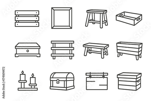 DIY Wooden Icon Set. Outline icon set of DIY painted wooden projects: crate, picture frame, stool, serving