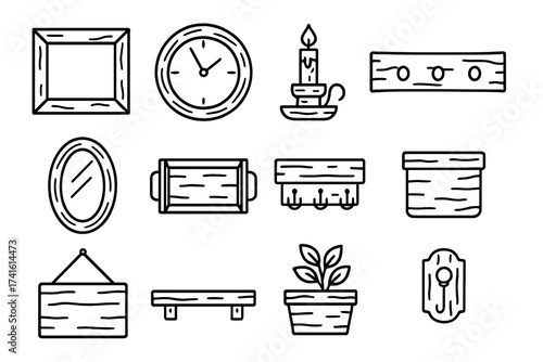 Rustic Home Decor Icons. Outline icon set of rustic wooden home decor: picture frame, wall clock, candle