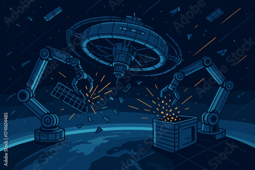 Robots repairing space station while debris floats in earth's atmosphere during nighttime