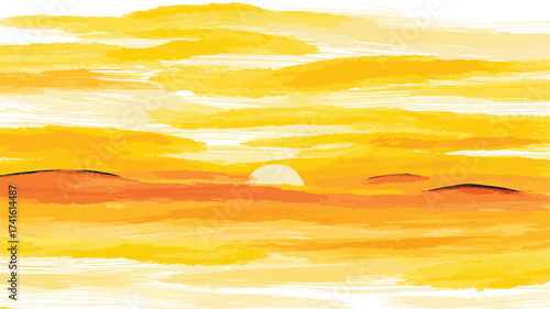 Spectacular Hand-Drawn Golden Sunset Watercolor Illustration