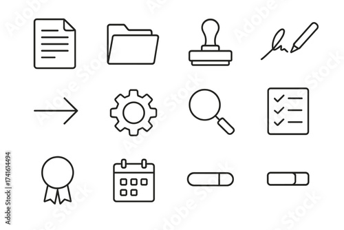 Document Workflow Icons. Outline icon set of document approval workflow: document, folder, approval stamp,