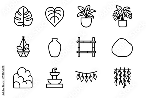 Urban Jungle Icons. Outline icon set of urban jungle style: monstera leaf, philodendron, large floor planter,
