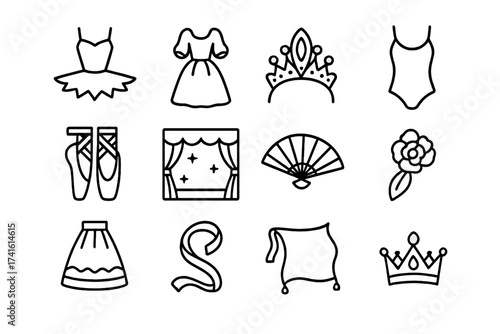 Global Ballet Icons. Outline icon set of international ballet styles: Russian tutu, French costume, Italian