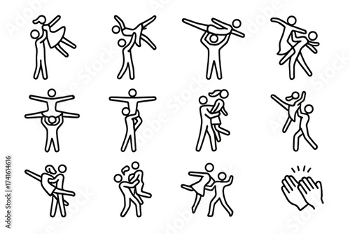 Dance Lift Icon Set. Outline icon set of dance partner lifts: shoulder lift, waist lift, fish dive pose, split
