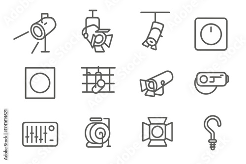 Stage Lighting Icons. Outline icon set of stage lighting for ballet: spotlight, side light, back light, dimmer