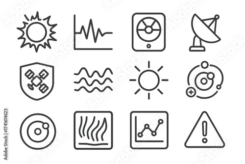 Space Weather Icons. Outline icon set of space weather monitoring: solar flare icon, geomagnetic storm graph,