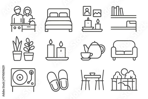 Home Life Icons. Outline icon set of couple’s home life: shared kitchen, bed with pillows, photo wall, plants,