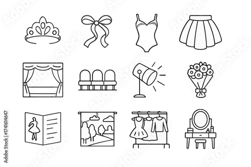 Ballet Icon Collection. Outline icon set of classical ballet performance: tiara, satin ribbon, dance leotard,
