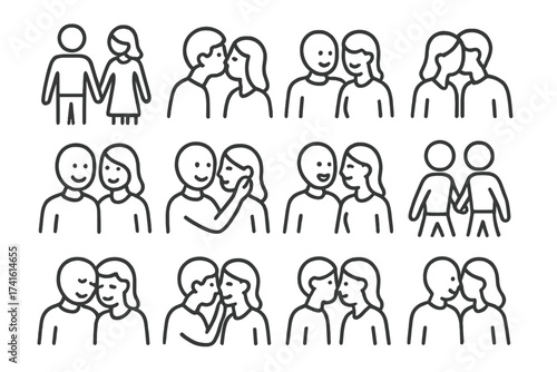 Affection Icon Set. Outline icon set of public displays of affection: holding hands on street, gentle cheek