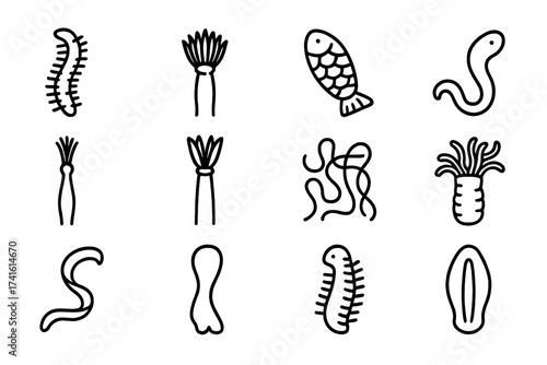Abyssal Worm Icons. Outline icon set of abyssal worms: bristle worm, Pompeii worm, scale worm, ice worm, beard