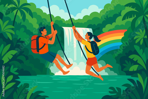 Couple swinging on ropes near a waterfall surrounded by lush greenery and a vibrant rainbow