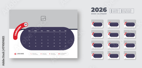 Desk calendar 2026 | Monthly planner with Sunday start | Printable 12-page vector layout for student or office use
