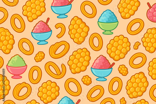 Colorful pattern of desserts including ice cream, honeycomb, and churros with a playful design on a light background