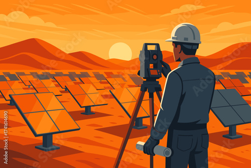 Surveying solar panels at sunset in a desert landscape with a professional wearing safety gear