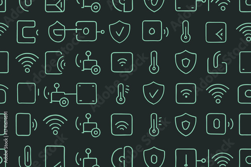 Patterns of technology icons featuring secure connections, temperature sensors, and wireless signals on a dark background
