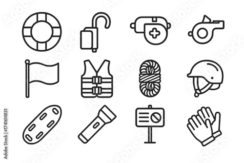 Pool Safety Icons. Outline icon set of pool safety gear: lifebuoy, rescue hook, first aid kit, whistle, safety