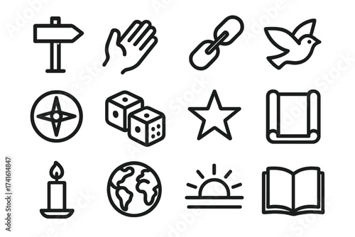 Symbolic Paths. Outline icon set of free will and destiny: road sign, open hand, chain, bird in flight,