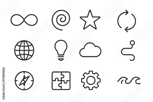 Infinite Icon Grid. Outline icon set of infinite possibilities: infinity symbol, spiral, star, arrow loop,