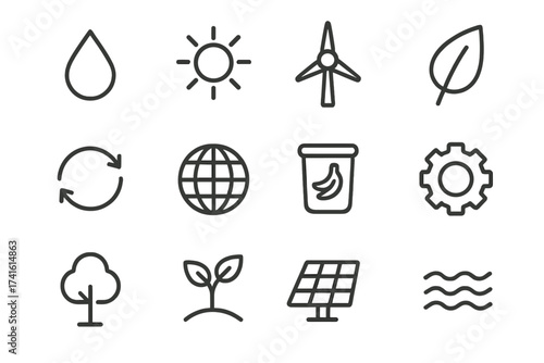 Renewable Resource Icons. Outline icon set of renewable resource cycles: water drop, sun, wind turbine, leaf,