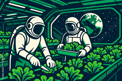 Astronauts cultivating plants in a space farm with Earth in the background, showcasing innovative agriculture in space