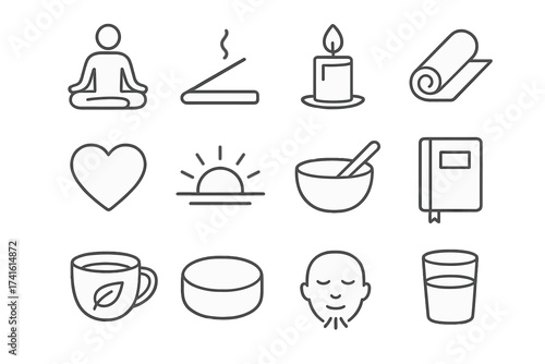Mindfulness Icon Set. Outline icon set of mindfulness and meditation: lotus pose, incense stick, candle, yoga