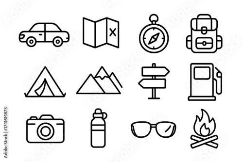 Road Trip Icons. Outline icon set of road trips: car, map, compass, backpack, tent, mountain, road sign, gas
