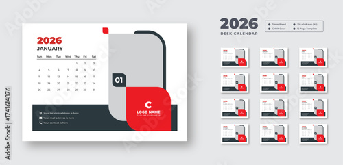 Desk calendar 2026 | Monthly planner with Sunday start | Printable 12-page vector layout for student or office use