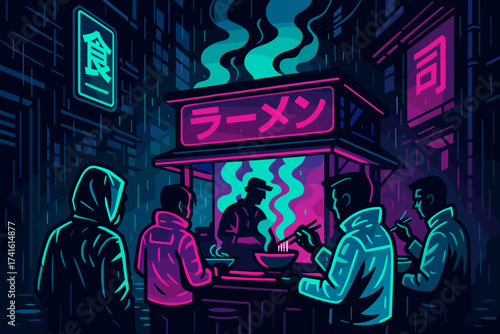 Nighttime scene at a busy ramen stall with vibrant neon signs in an urban setting