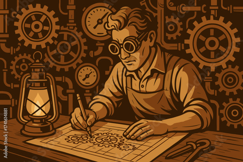 Engineer designs mechanical gears in a workshop with vintage style on a quiet evening