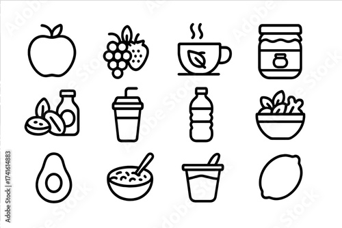 Sugar-Free Lifestyle Icons. Outline icon set of sugar-free lifestyle: apple, berries, herbal tea, honey jar,