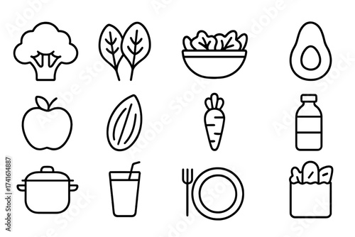 Plant-Based Icons Grid. Outline icon set of plant-based living: broccoli, spinach leaves, salad bowl, avocado,